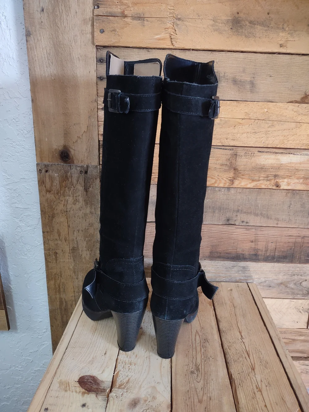 Andrea Black Suede Knee-High Heeled Boots - Women's